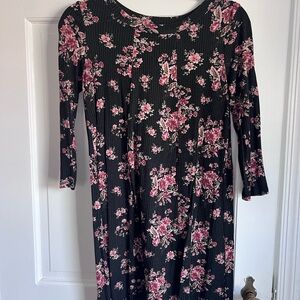 Lush Black Pink Fit and Flare Dress 3/4 Sleeve Scoop Neck Casual